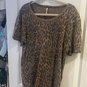 Free People Brown Leopard Print Short Sleeve Top